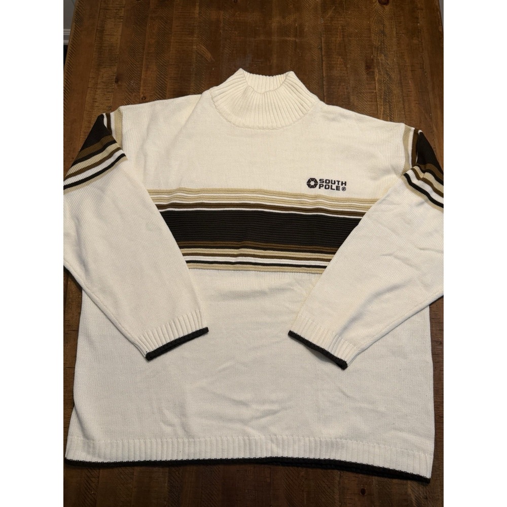 Vtg Y2K Southpole White/Brown Knit Turtleneck Sweater Men's Size 5XL Hiphop